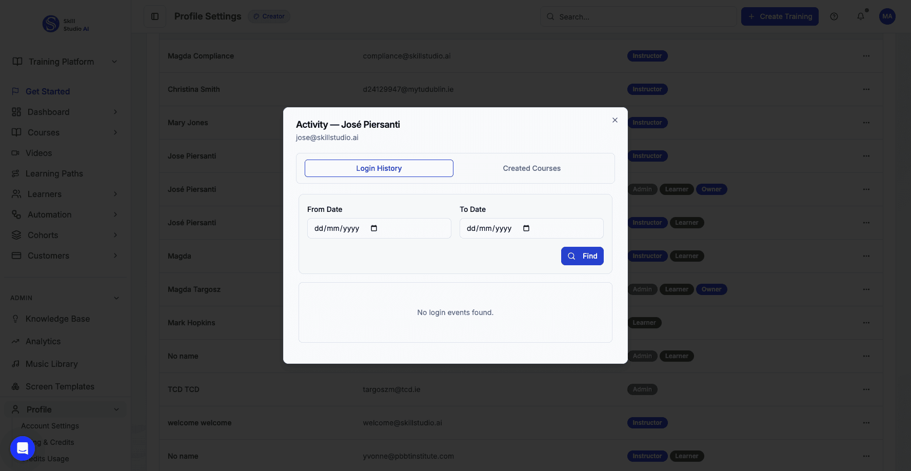 Switch to the Created Courses tab to review the user's course portfolio.