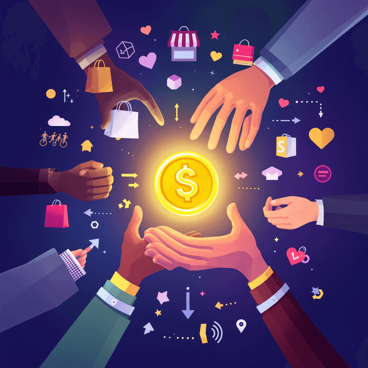 Hands exchanging a glowing golden coin surrounded by shopping bags, hearts, and arrows in a circular pattern symbolizing customer loyalty and engagement.