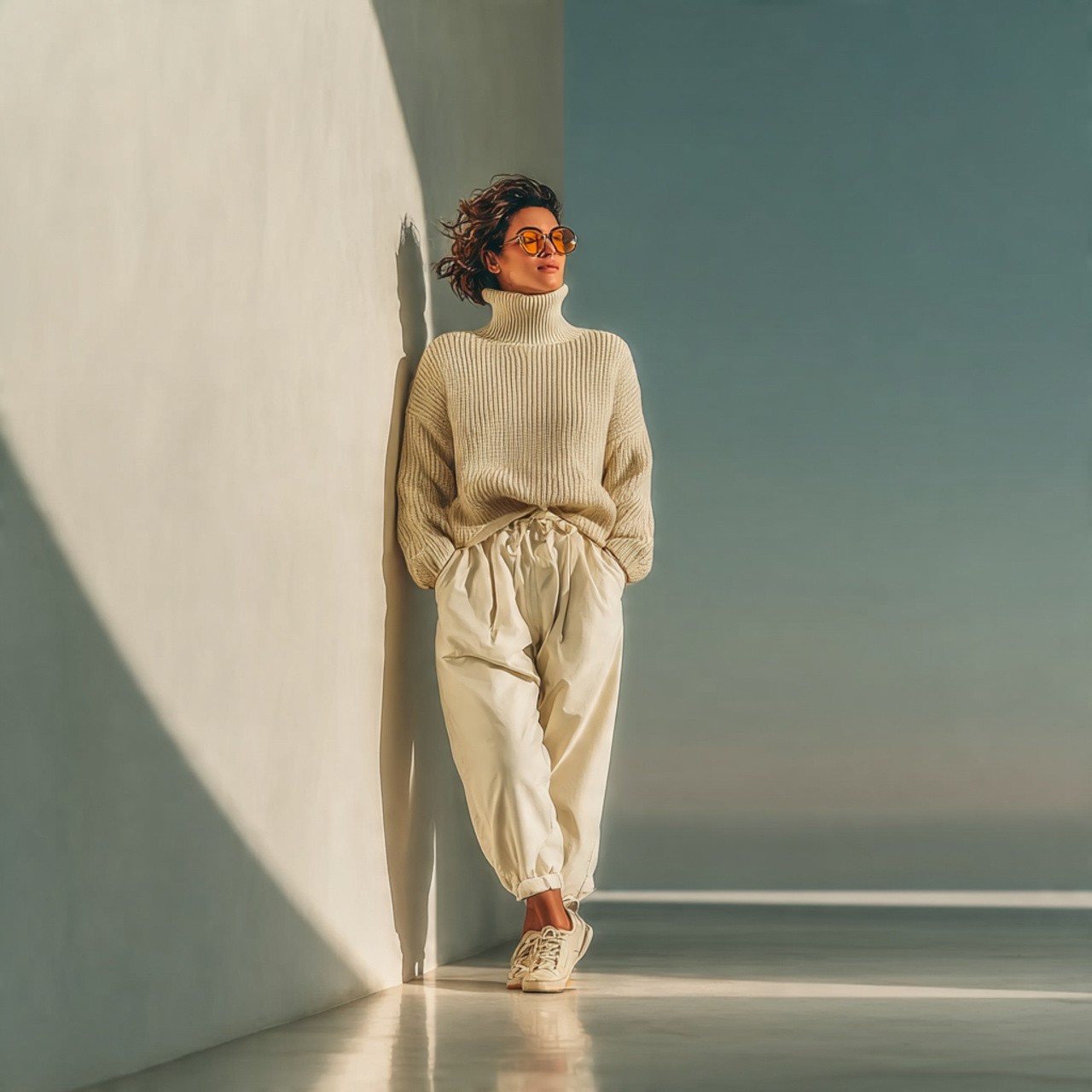 A person wearing a beige sweater and pants, with sunglasses, leans against a sunlit wall. The scene conveys a calm and relaxed atmosphere.