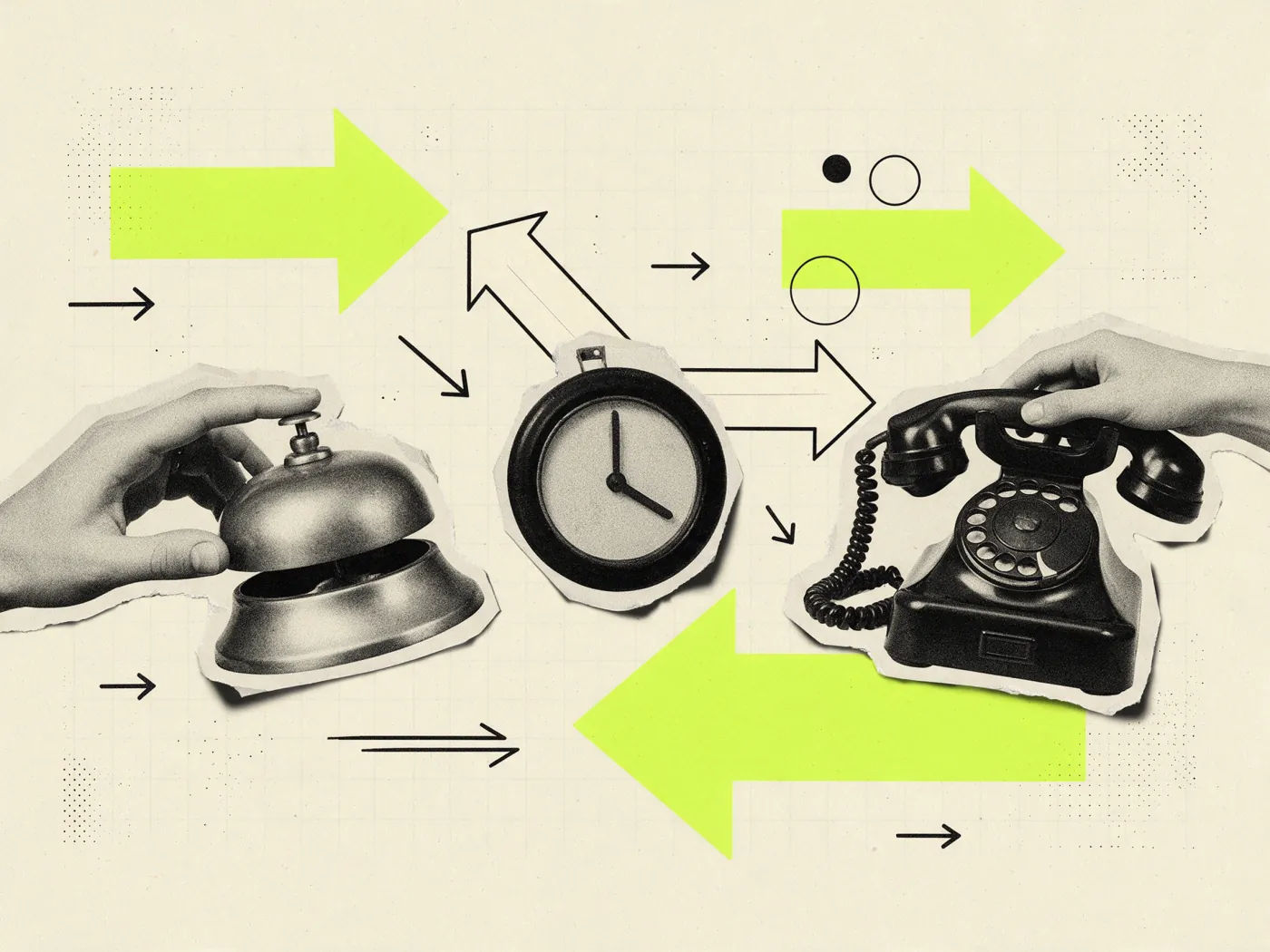 Colagem vintage: mão toca campainha de balcão e outra atende telefone de disco, o decreto do SAC no app da fintech
