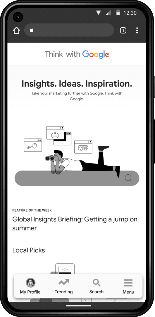 Mobile screen display of the Think with Google home page