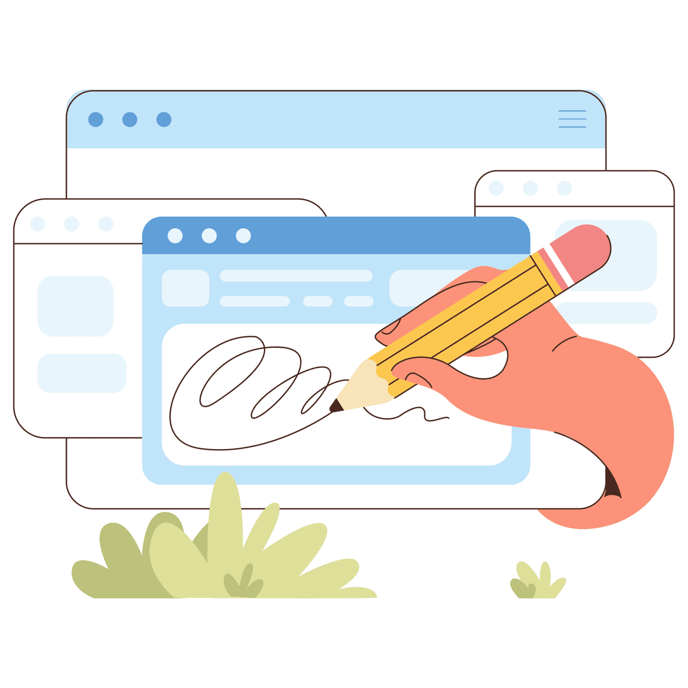 A hand holds a pencil, sketching on a digital screen with window designs in the background.