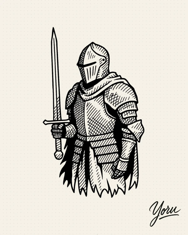 Diseño de tatuaje de un caballero medieval con armadura completa, sosteniendo una espada en vertical, en estilo de grabado.