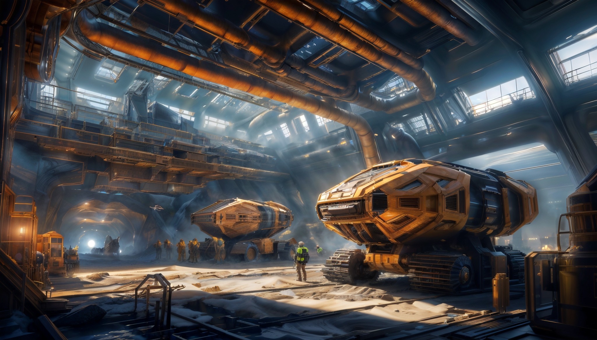 A sci-fi image of an interior view of large, dim, futuristic industrial hangar, there are two big bright yellow mining vehicles and various figures stood around.