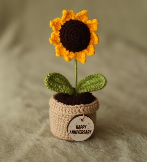 Handmade crochet sunflower in decorative pot for home and gift decor
