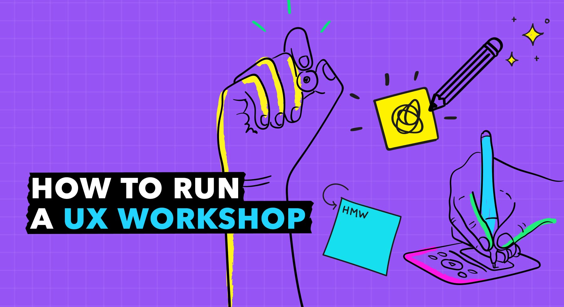 Wide purple banner with illustrated hands sketching wireframes, an HMW sticky note, and UX workshop title text