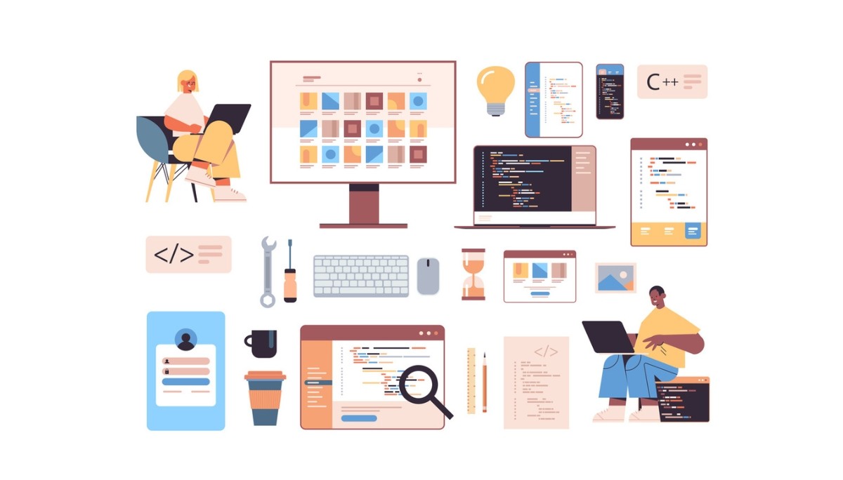Illustration of two developers surrounded by screens displaying code, UI designs, and debugging tools, representing the diverse technologies and collaborative environment that make up a modern programming tech stack.