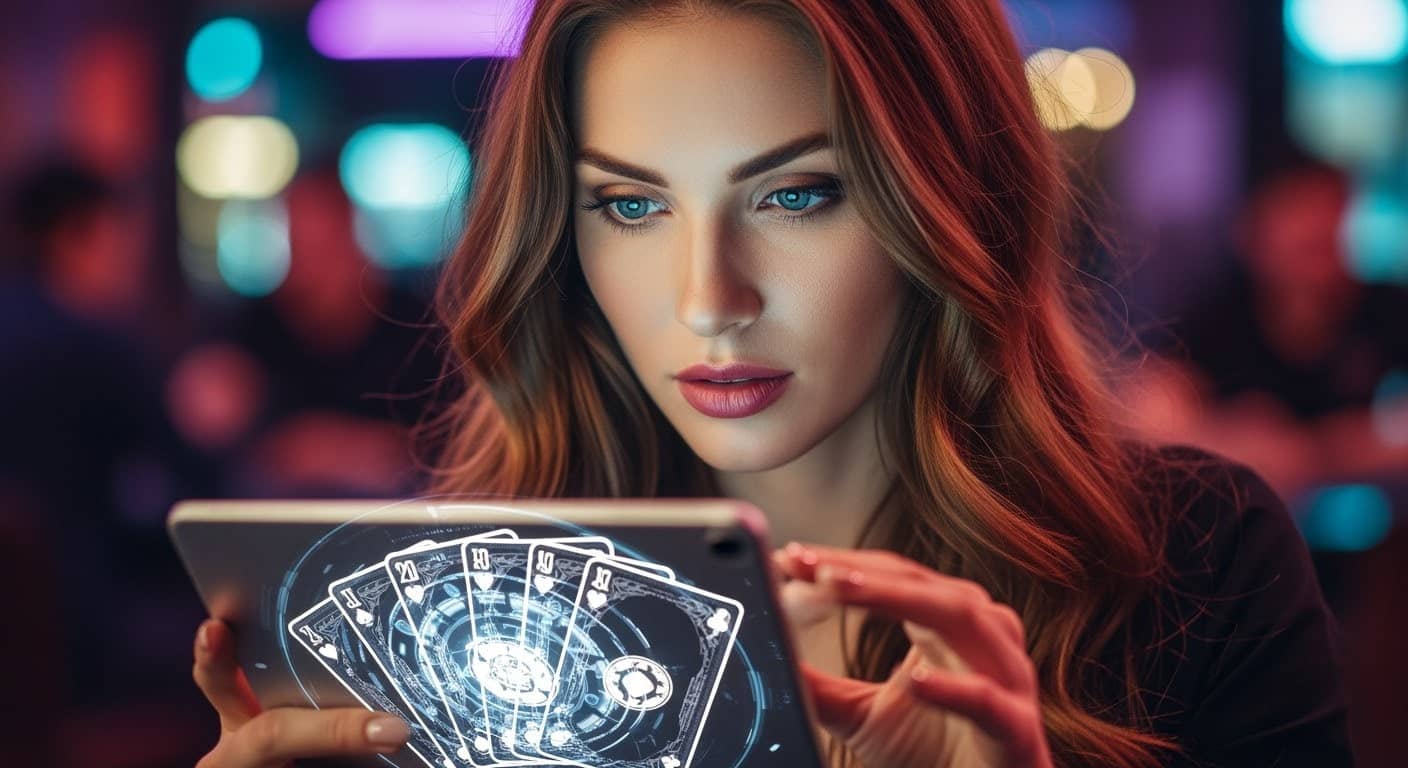Woman playing poker Casino game on tablet