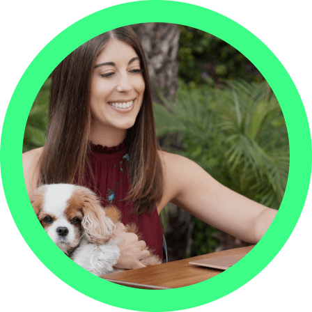 Photo of Ali Zarrow and her dog with a green border.