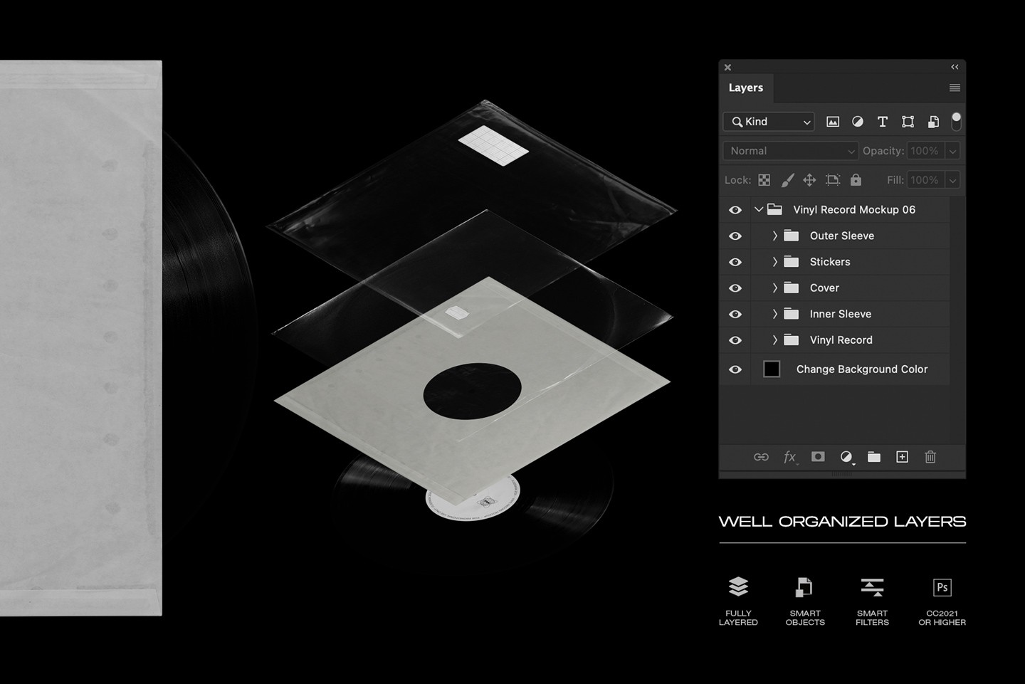 Vinyl record mockup Photoshop template with smart objects and organized layers
