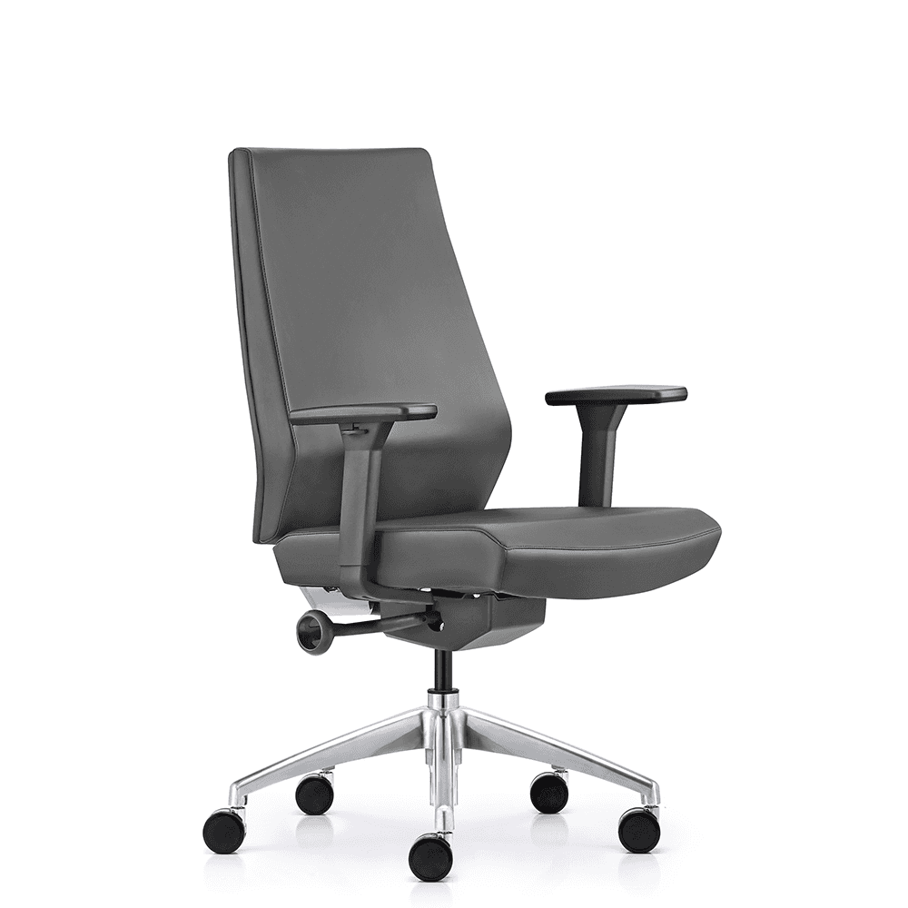 Three-quarter front view of a mid-back black leather managerial chair, featuring an ergonomic tapered backrest, adjustable T-arms, and a polished aluminum 5-star swivel base.