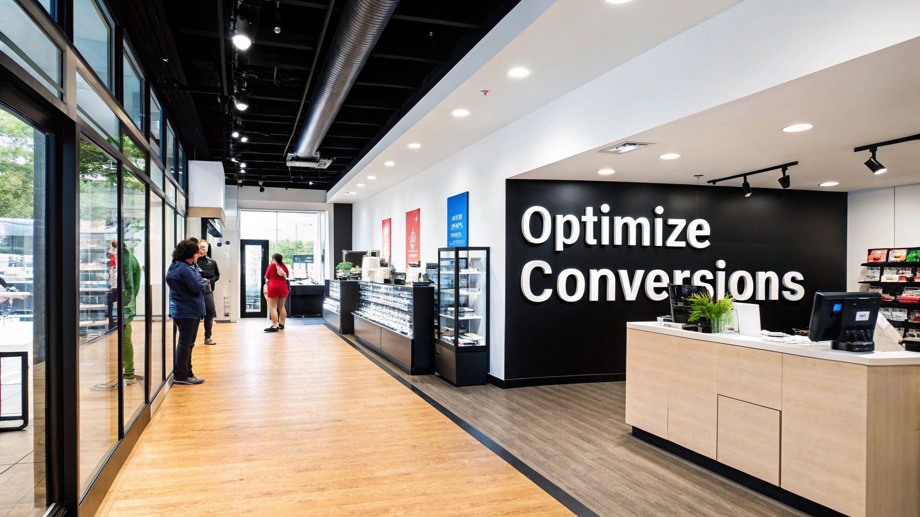 Modern office interior with a large 'Optimize Conversions' wall sign, reception desk, and product displays.