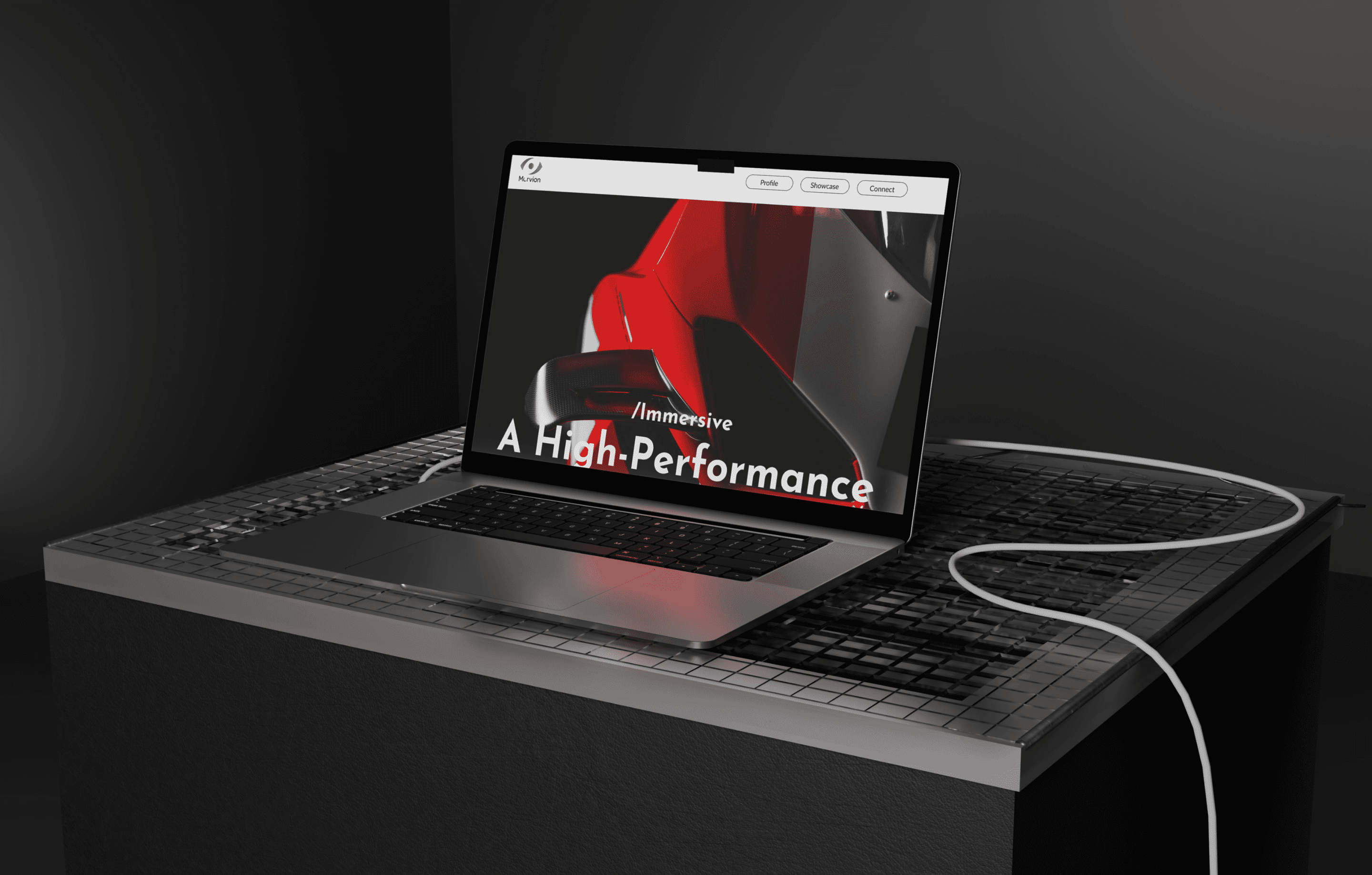 Morvion.com website on laptop showcasing high-performance immersive experiences.