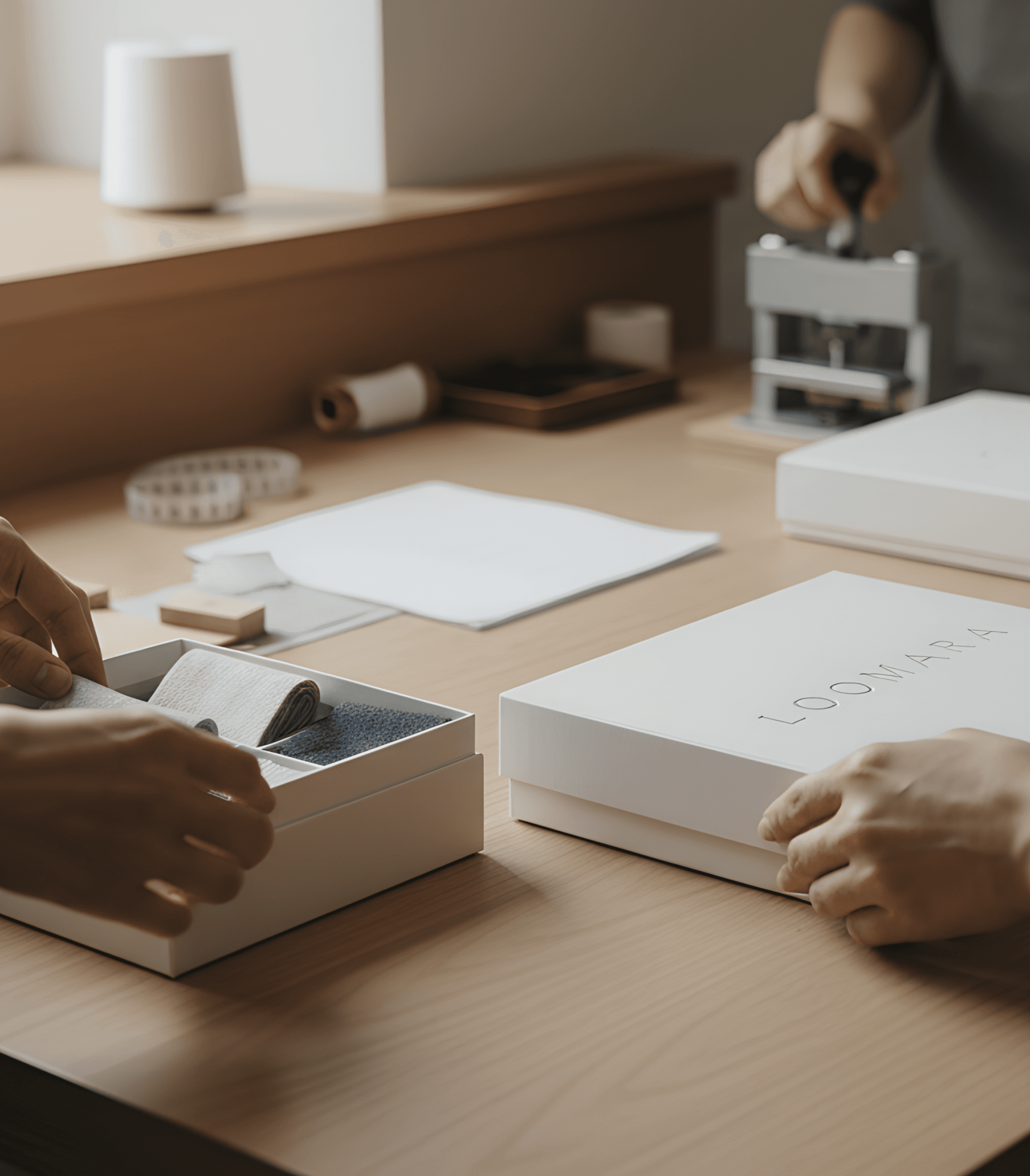 Open Loomara sample box displaying organized textile swatches, highlighting curated presentation for architects and designers.