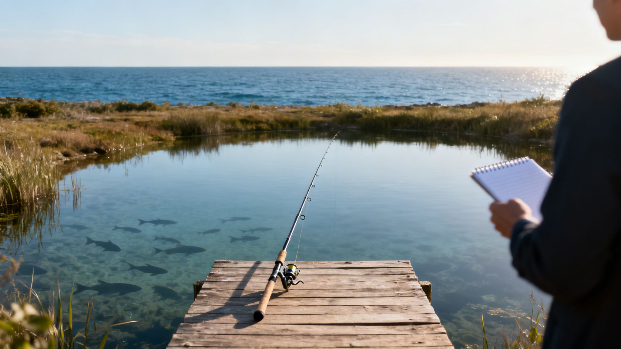 Una persona observa peces en un estanque claro con una caña de pescar sobre un muelle.