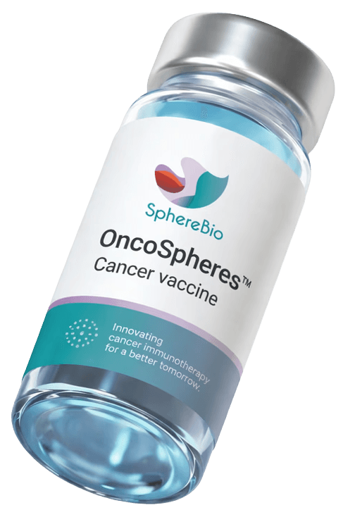 A small vial labeled "OncoSpheres™ Cancer Vaccine" by SphereBio.