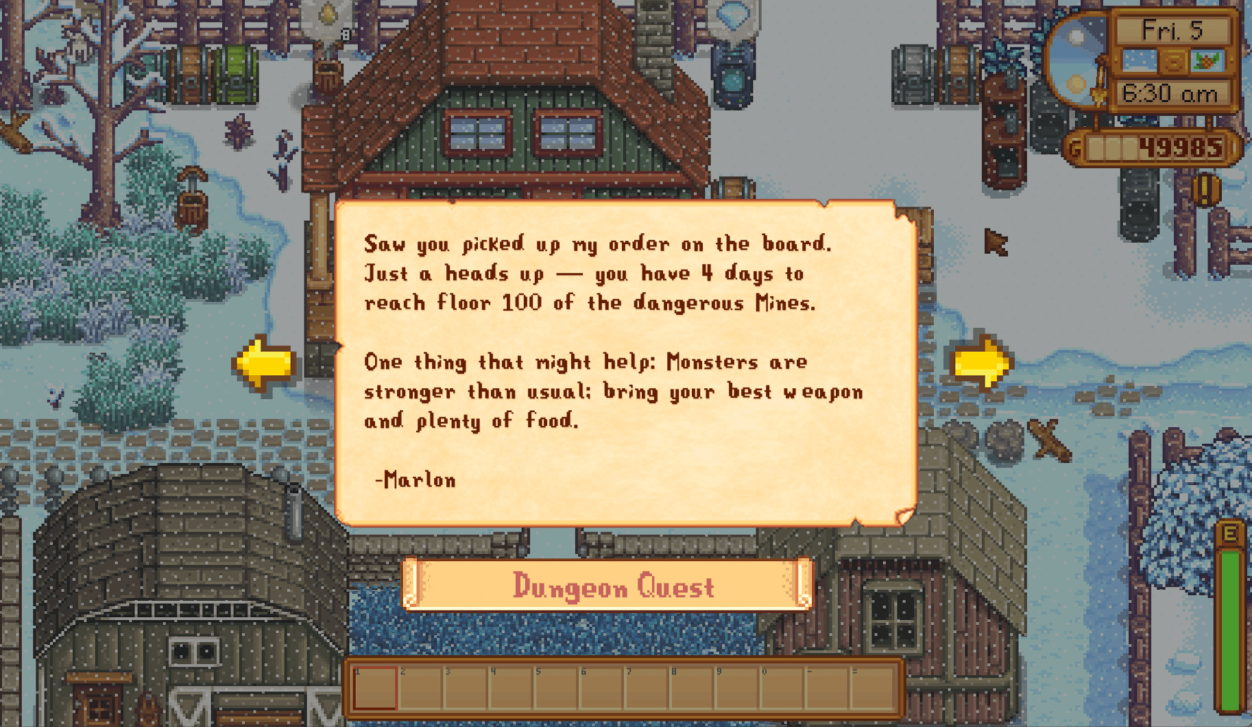 In-game letter with a dungeon quest banner.