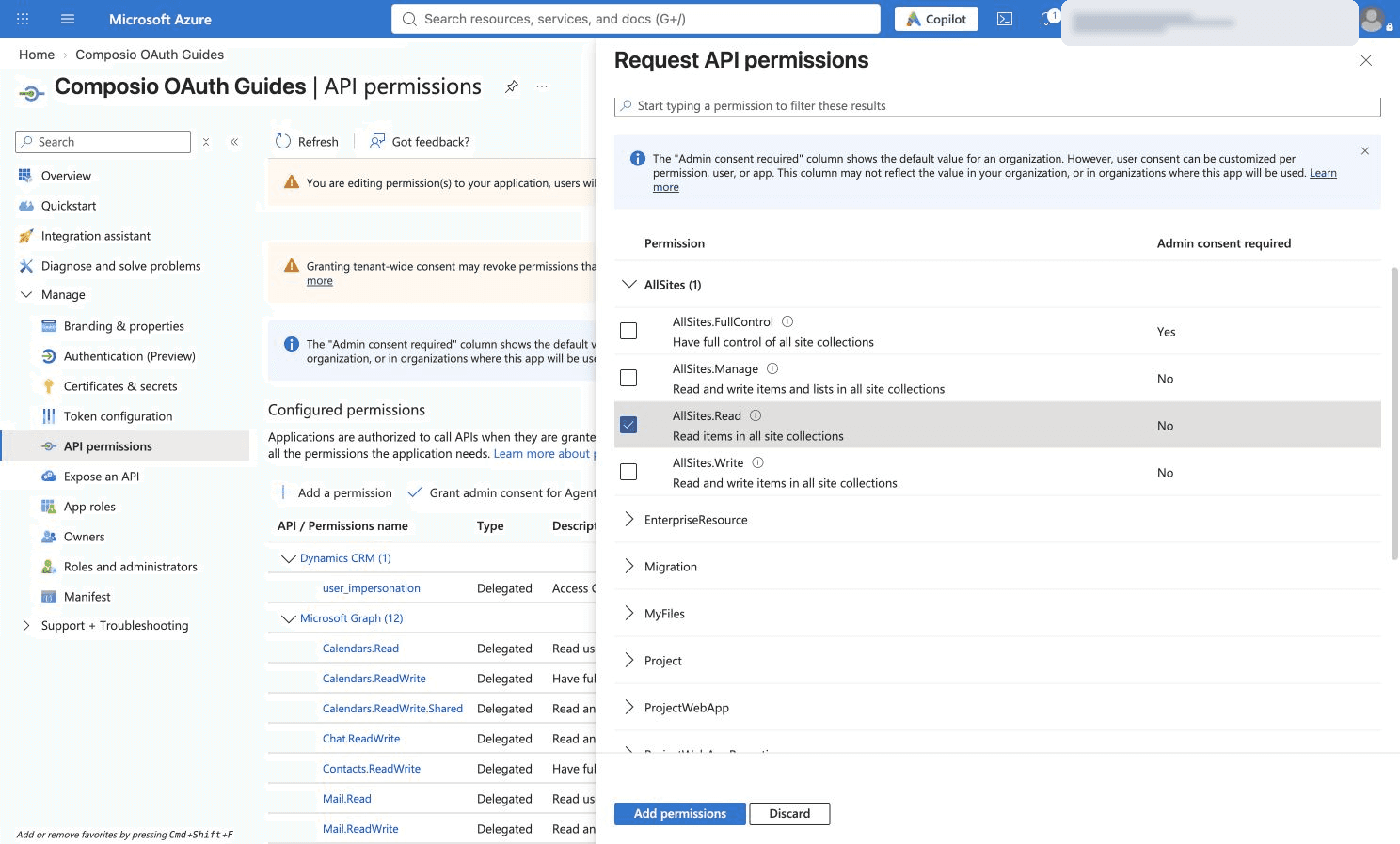 Selected SharePoint AllSites.Read delegated permission