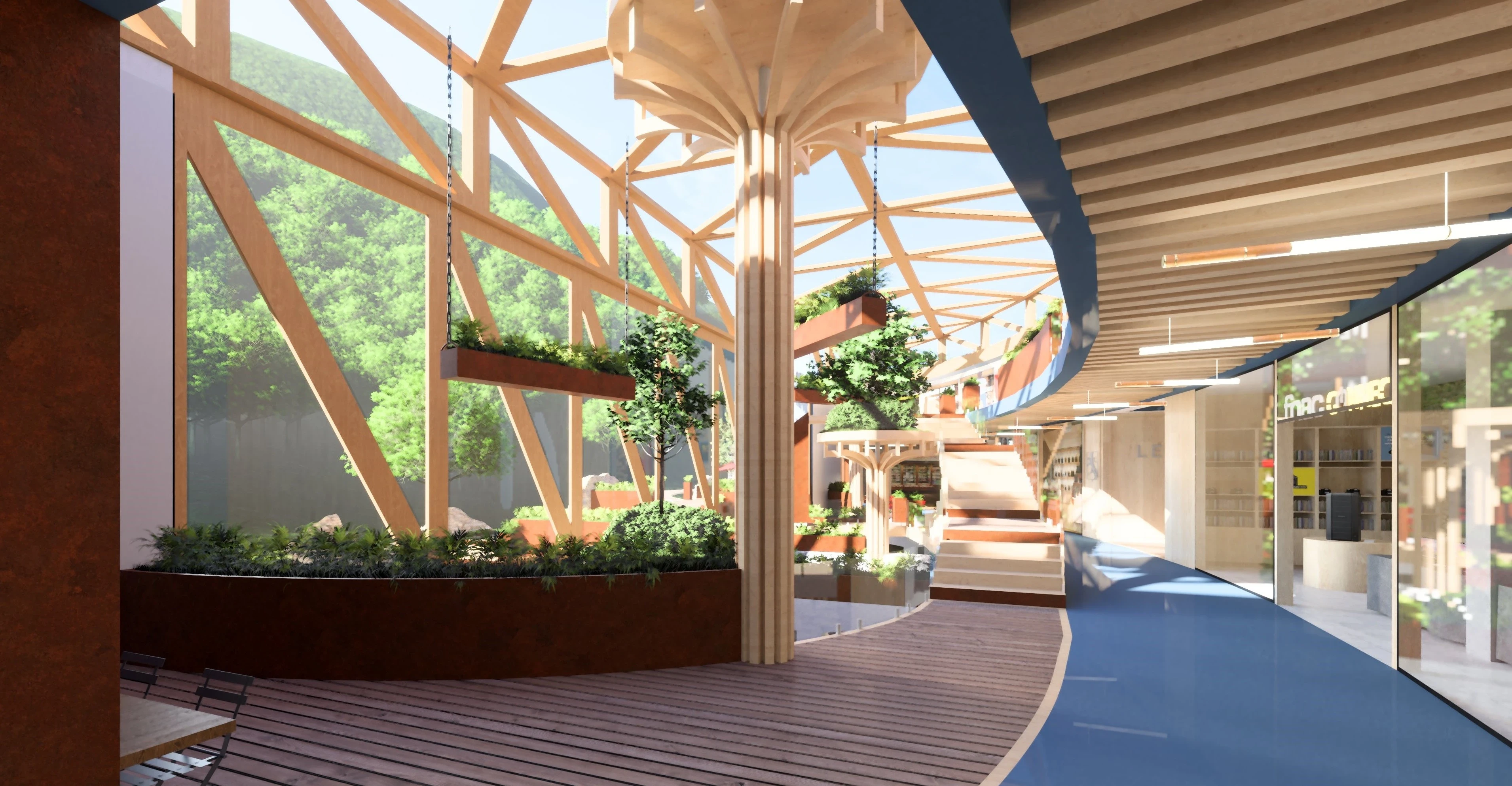 Architecture d’intérieur pour centre commercial, conception d’espaces ouverts et circulations clients.