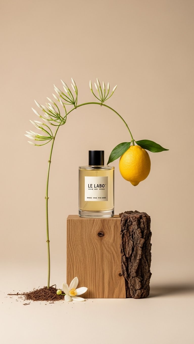 AI-generated minimalist product photography of a glass perfume bottle on a wooden pedestal with a fresh lemon and floral accent