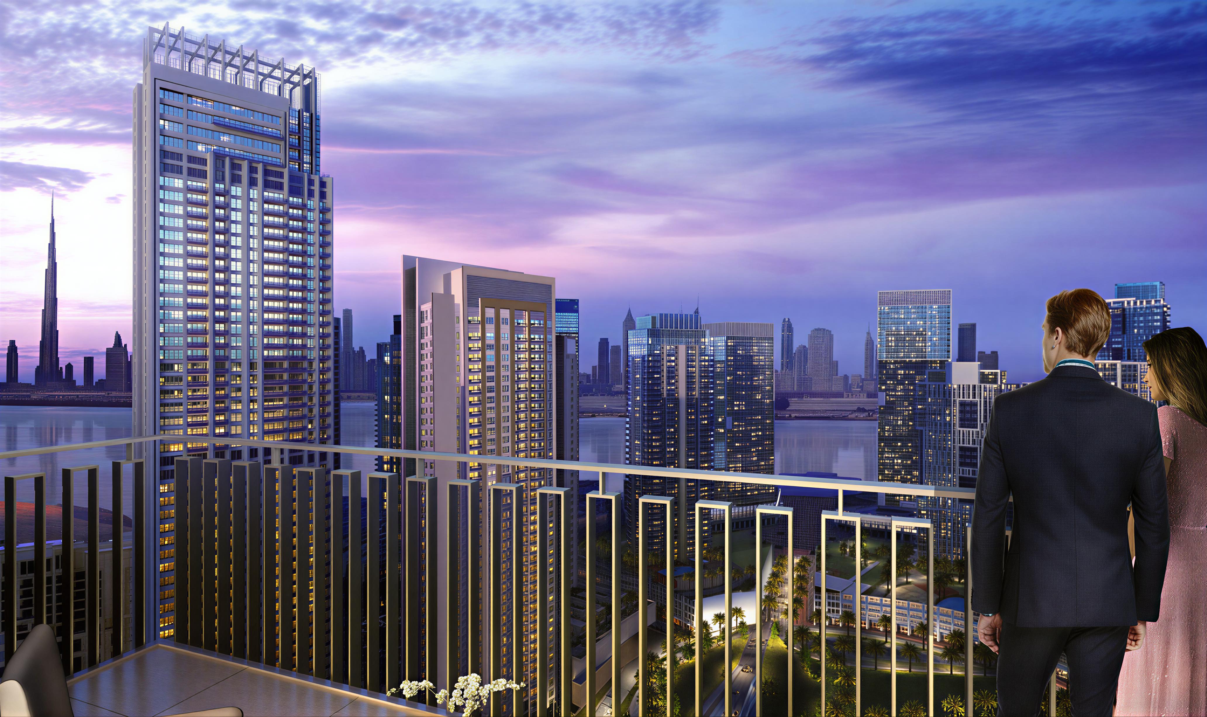 Contemporary residential tower in Dubai, showcasing surf-themed elements and sleek lines amidst the urban skyline.