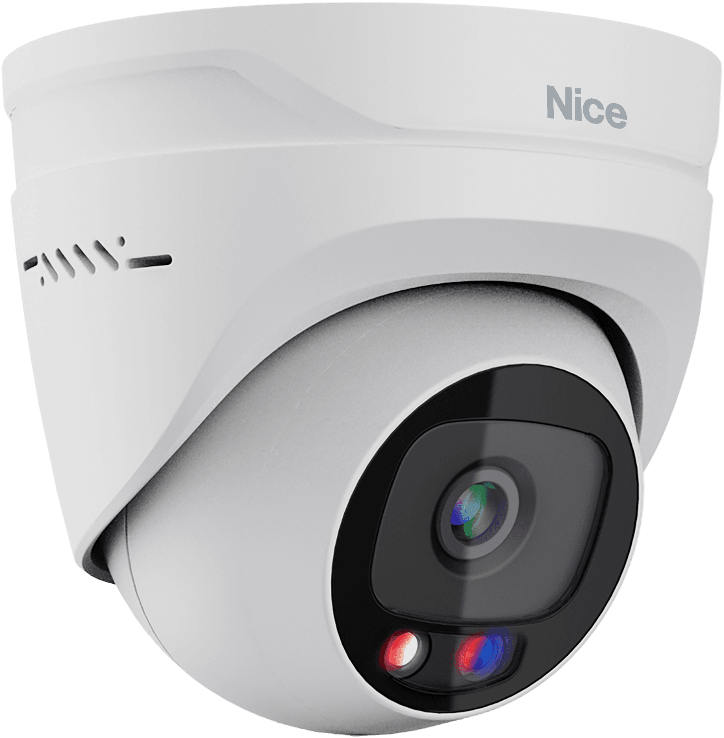 White dome security camera with red and blue lights