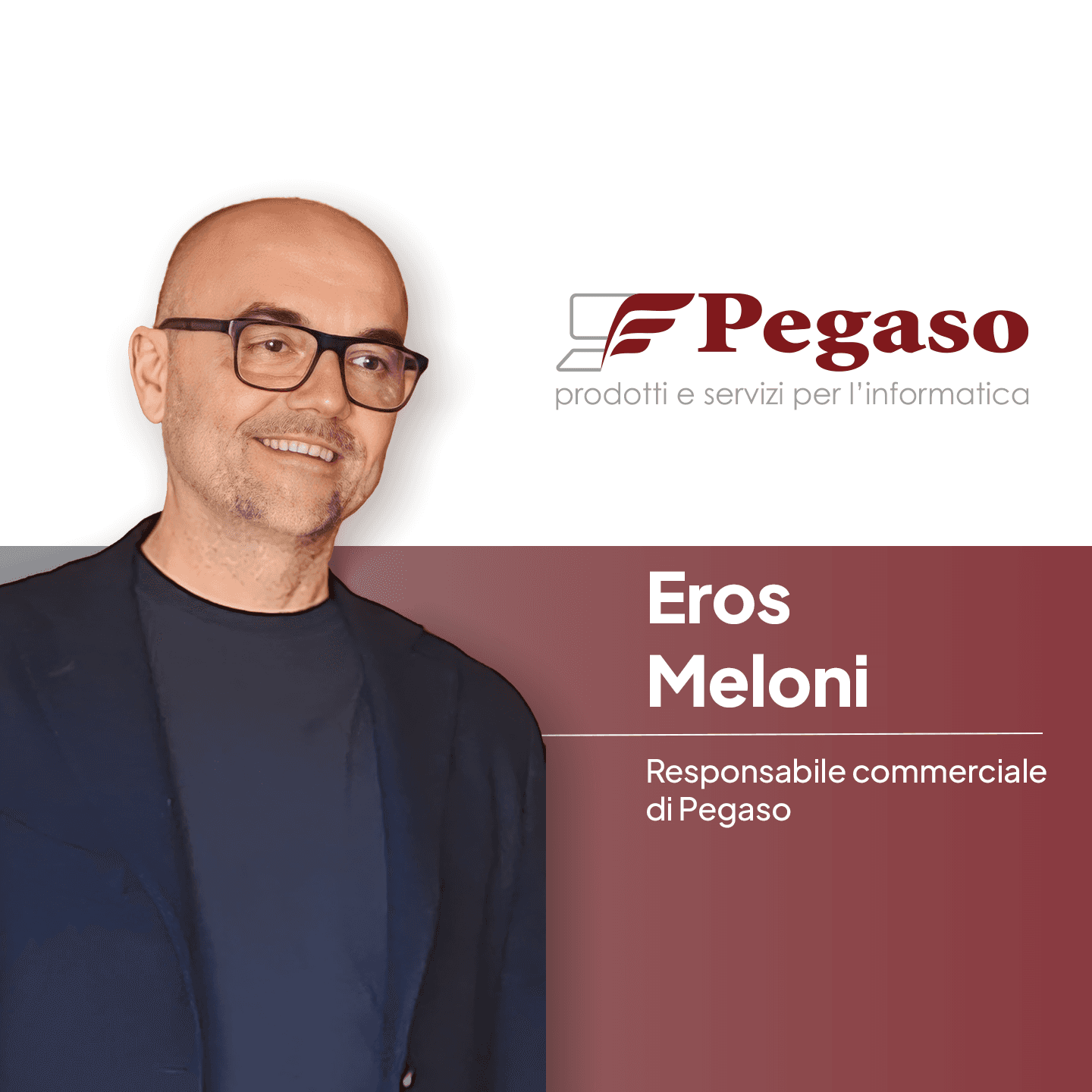 Foto di Eros Meloni con logo dell'azienda Pegaso