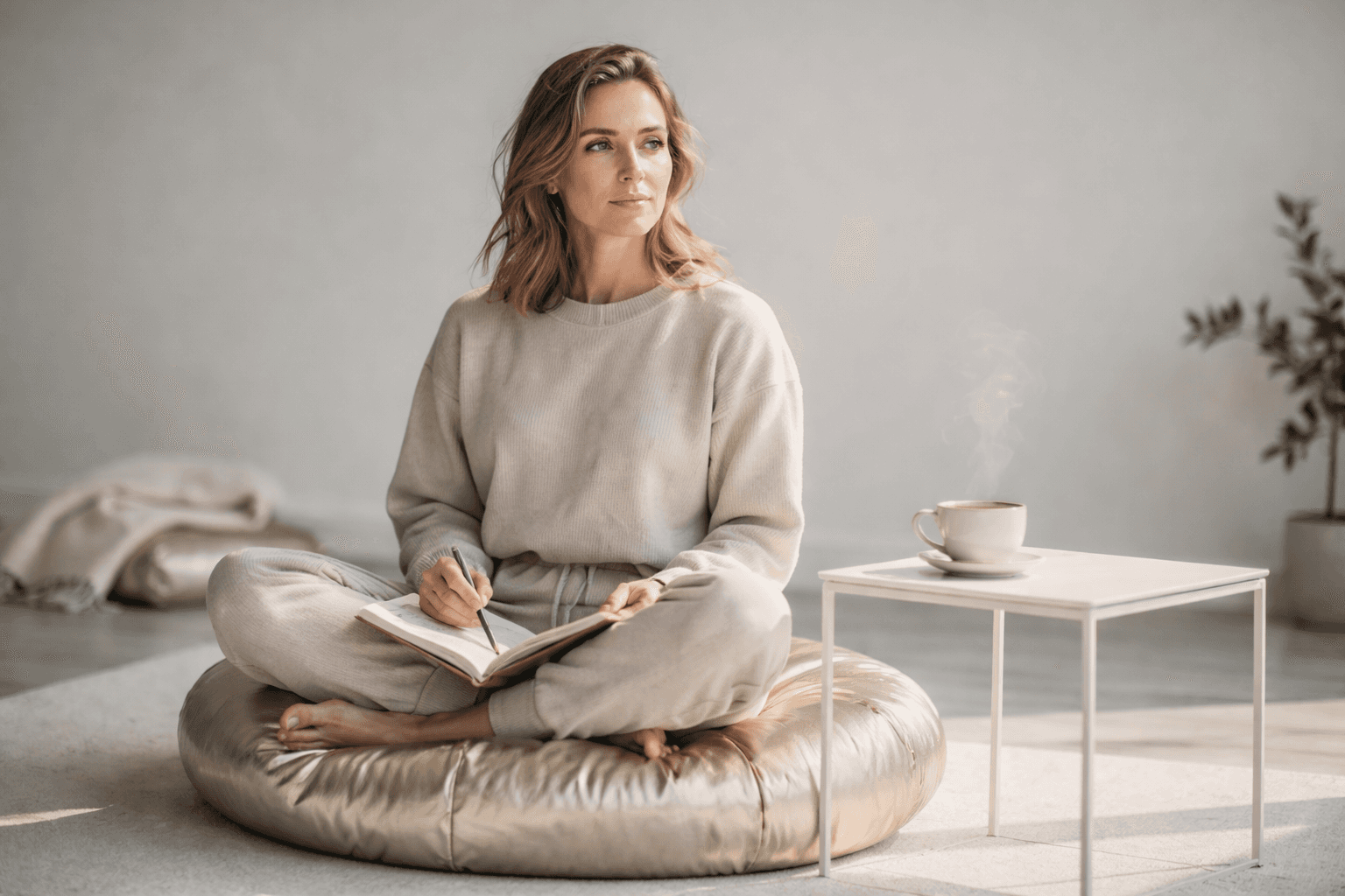 Frau sitzt entspannt im hellen Raum auf einem Meditationskissen und schreibt in ein Notizbuch – ruhige Atmosphäre für Achtsamkeit und Stressbewältigung