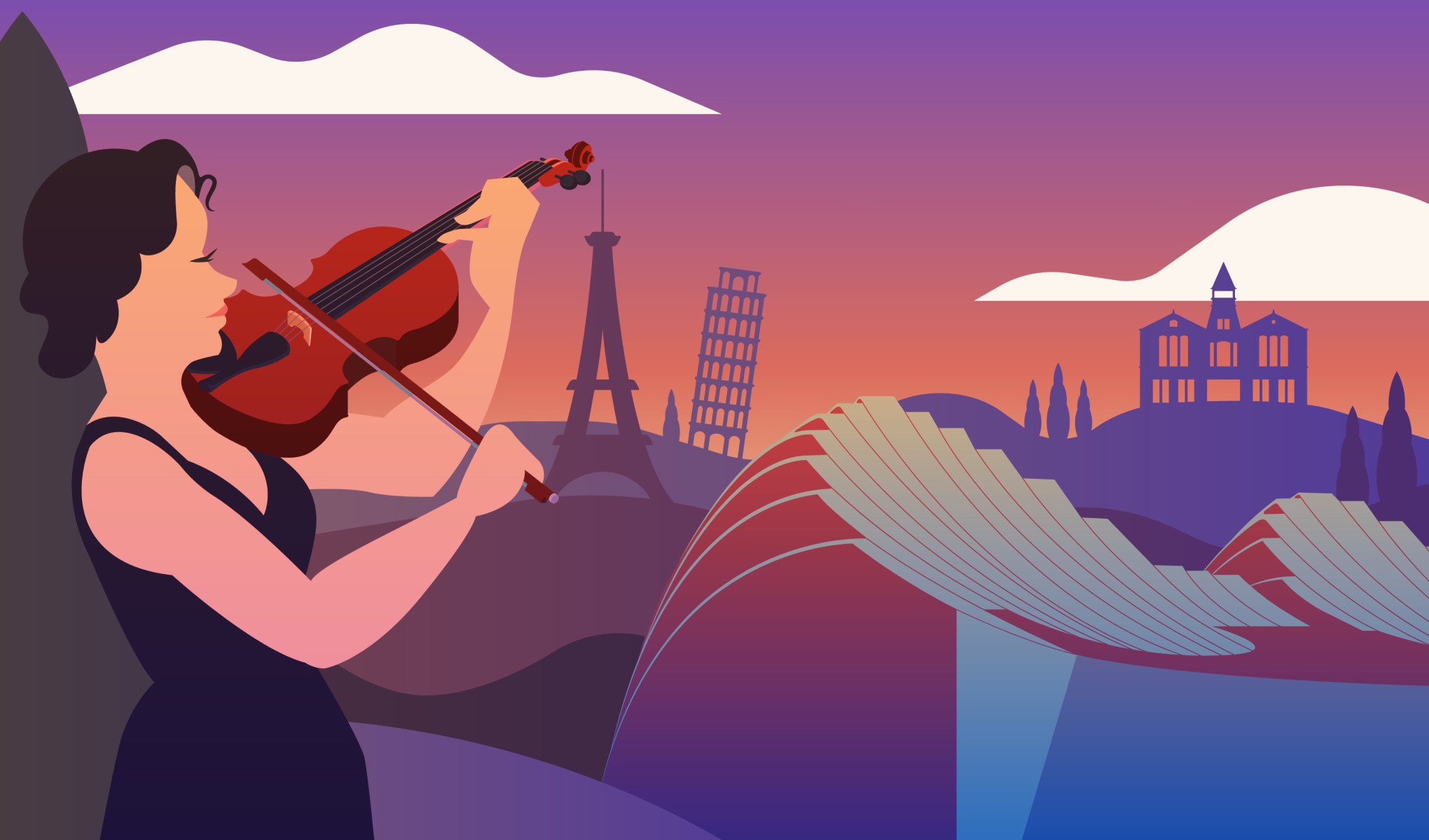 Final vector illustration featuring a woman playing the violin in front of iconic landmarks: Kansas City's Kauffman Center of Performing Arts, Paris' Eiffel Tower, Rome's Leaning Tower of Pisa, and a charming Bavarian village.