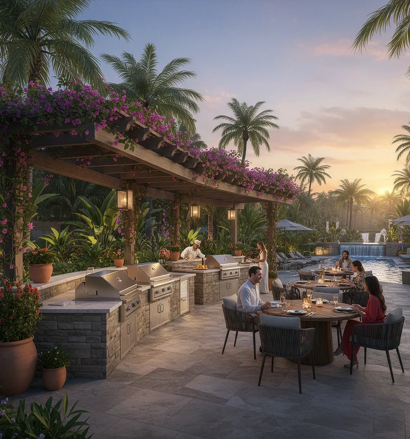 Landscaped BBQ area for resident gatherings and outdoor meals.