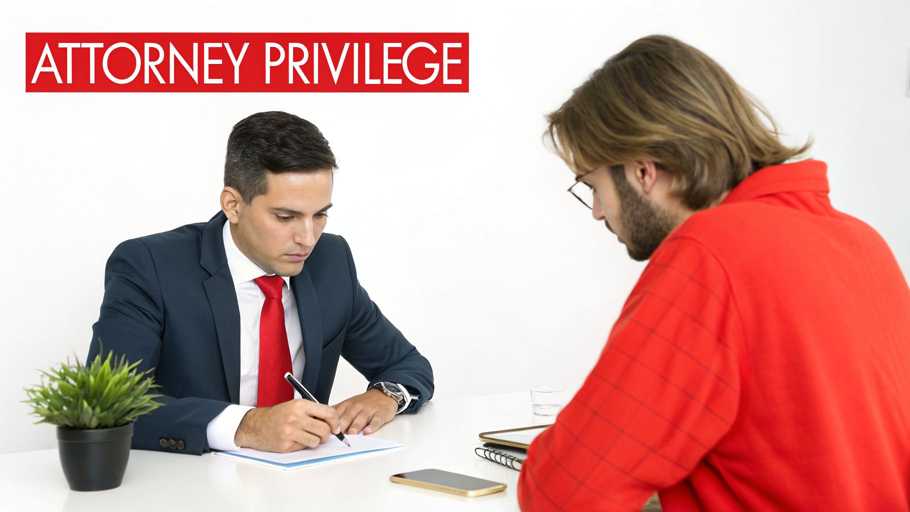 An attorney in a suit writes on paper while a client in a red shirt watches.