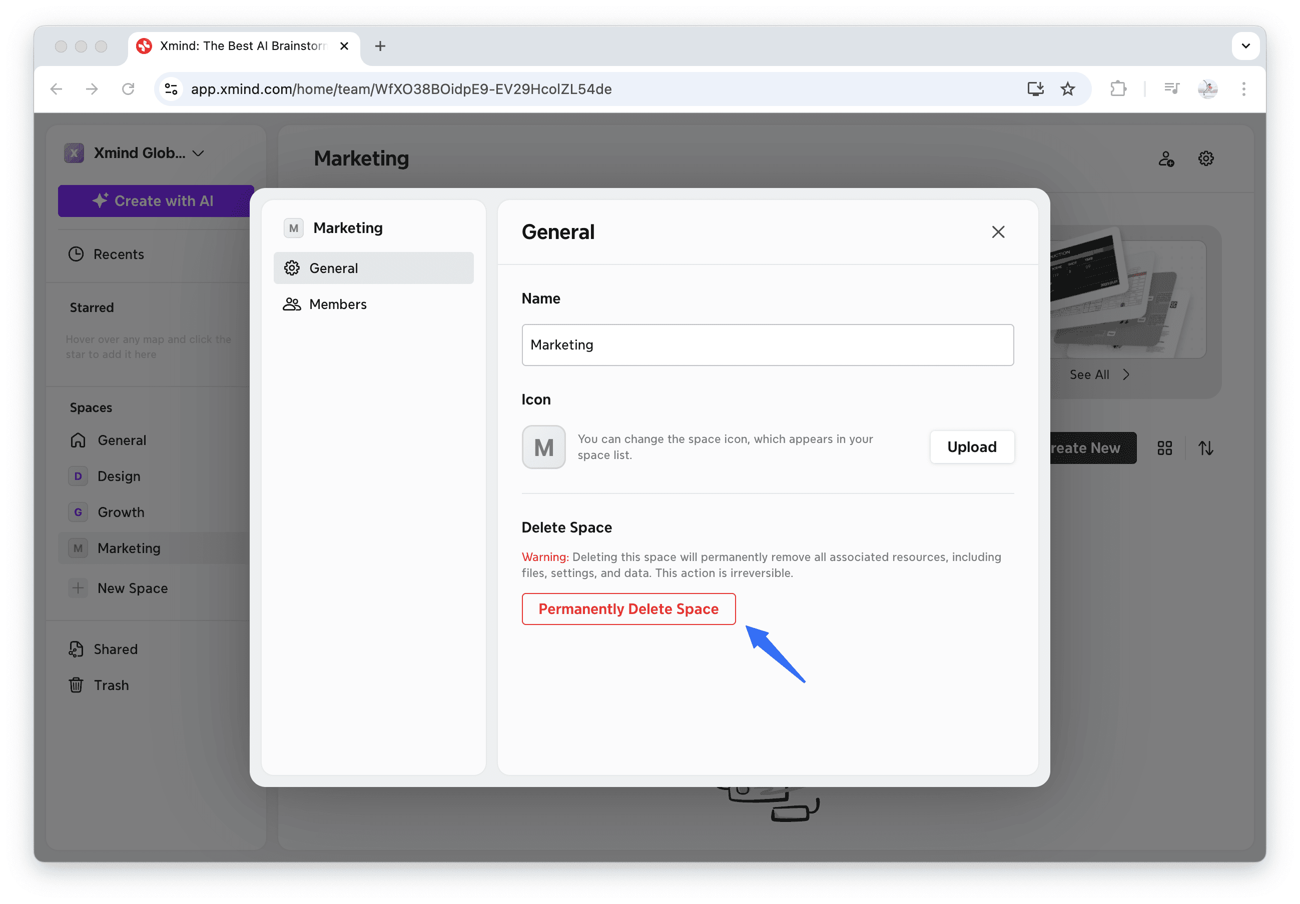 Marketing space management interface with deletion warning