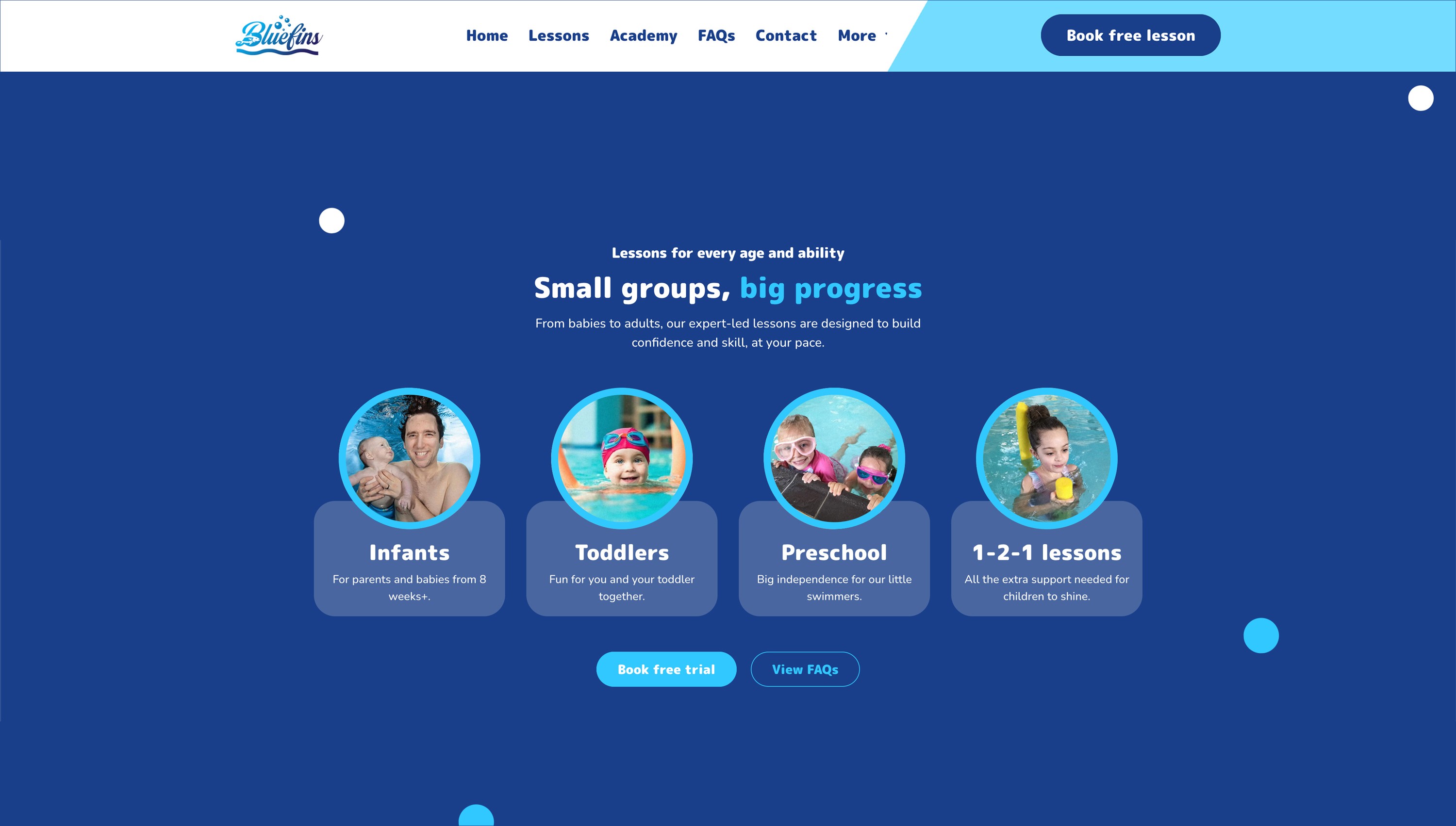 Bluefins swimming website booking form designed to generate enquiries from parents