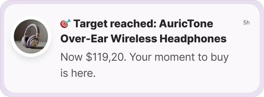 Whisprice push notification showing target price reached for AuricTone Over-Ear Wireless Headphones, now $119.20.