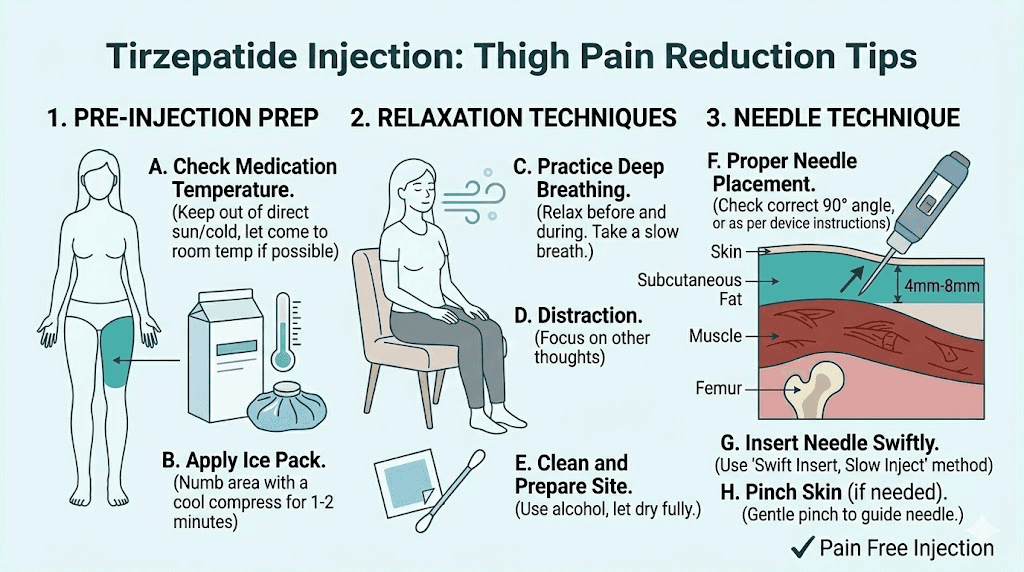 Tips to reduce tirzepatide thigh injection pain infographic