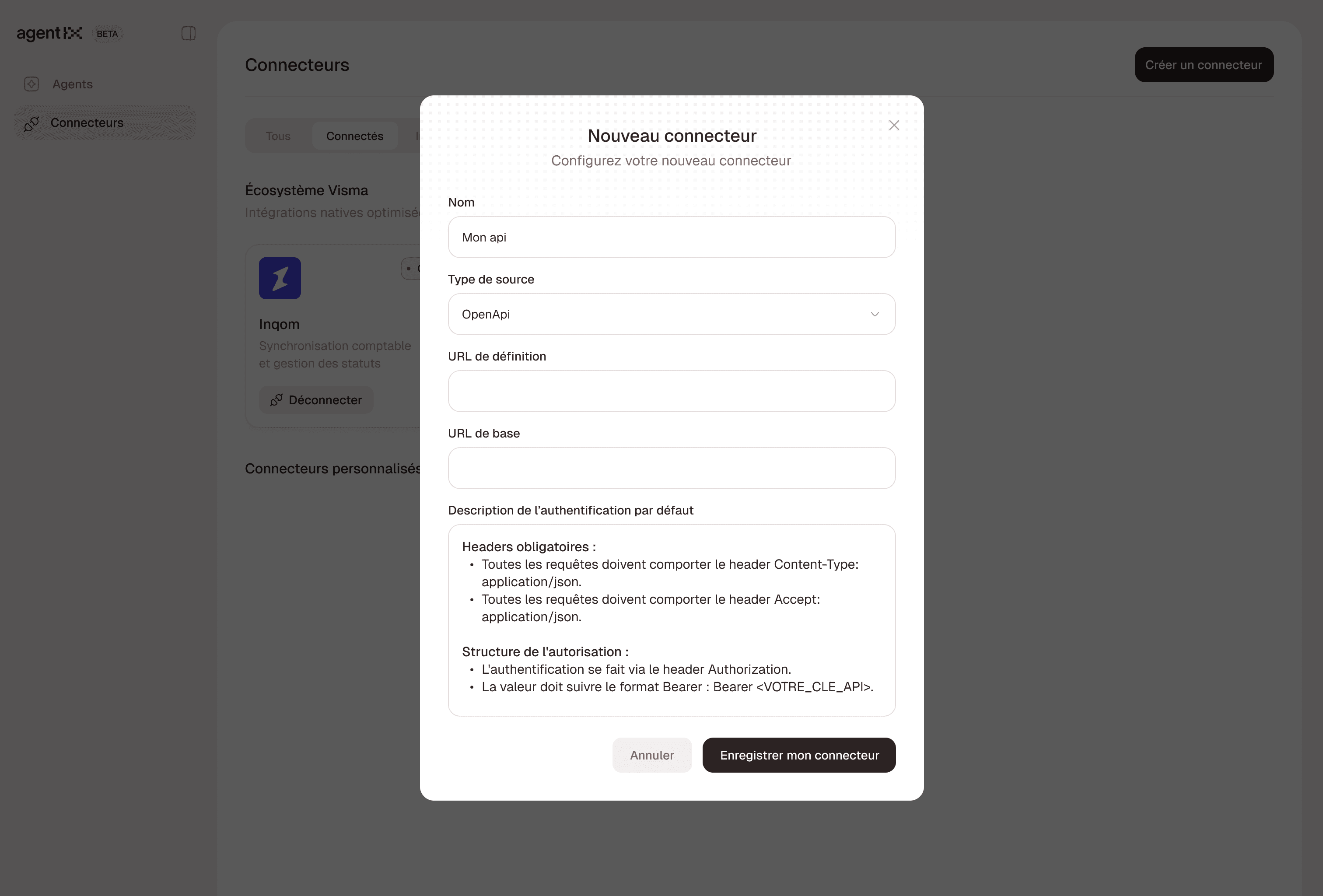 Interface des intégrations (Inqom, Chaintrust etc ...) dans Agentix