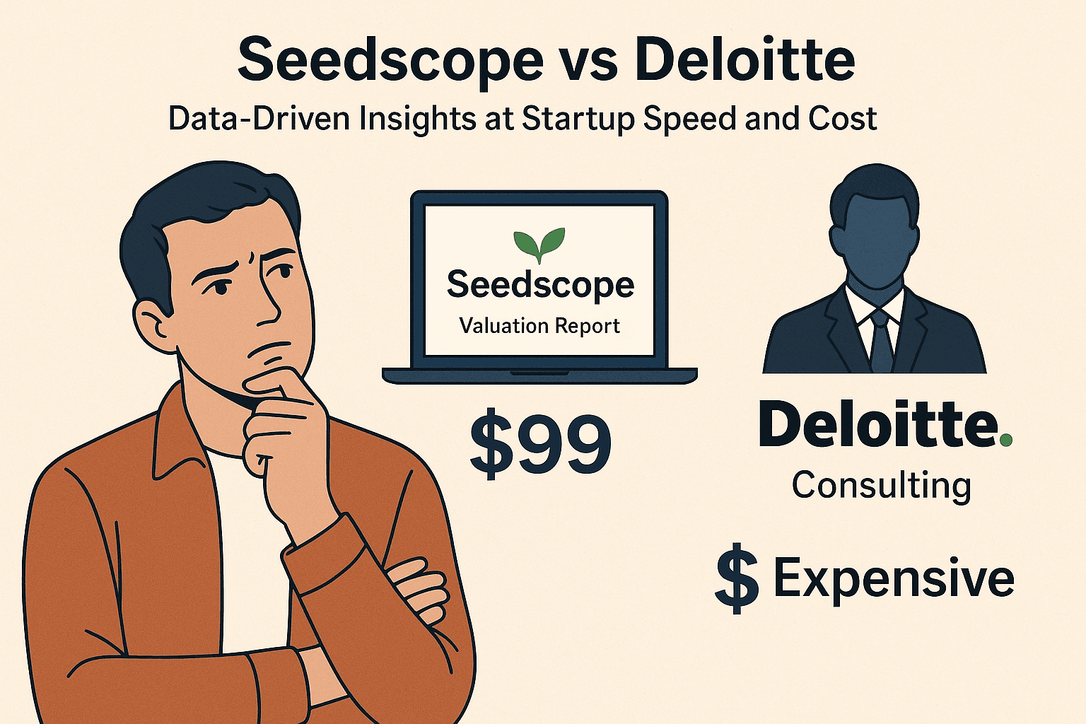 Illustration comparing Seedscope and Deloitte: a founder thinking while choosing between a $99 Seedscope AI valuation report and expensive Deloitte consulting services, highlighting speed, cost, and data-driven insights.