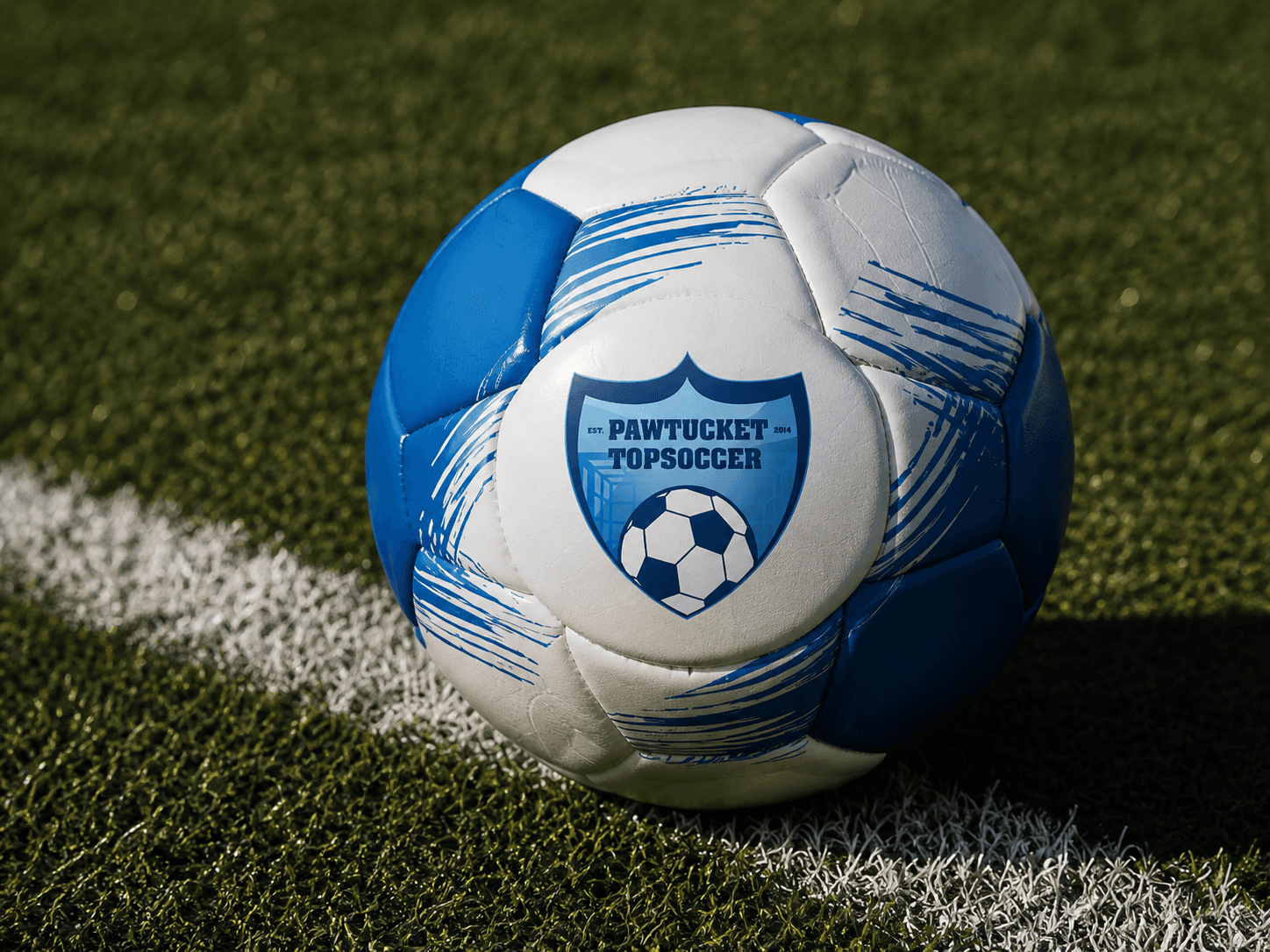Soccer ball with Pawtucket Topsoccer logo on field