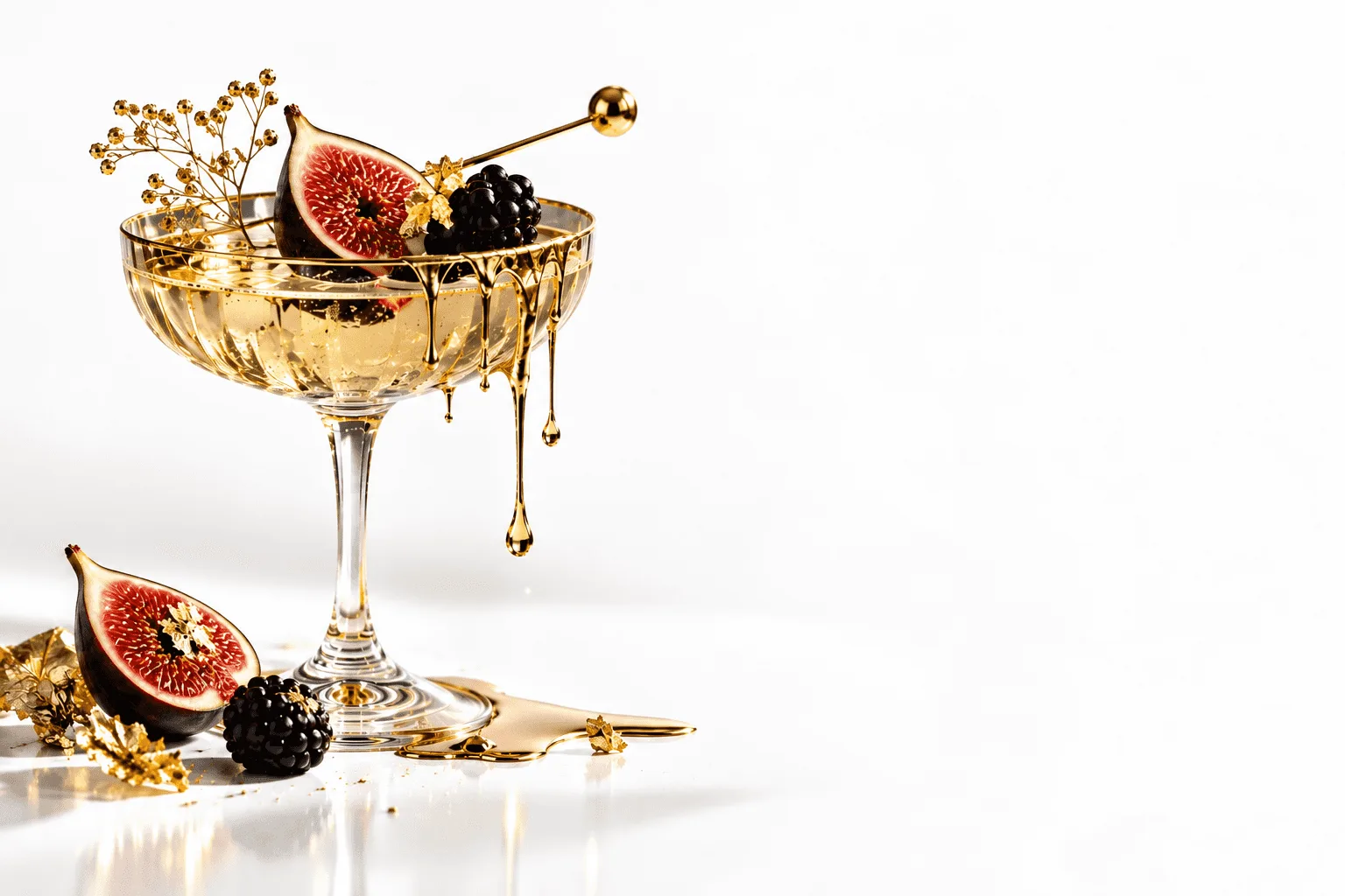 Champagne coupe with figs, blackberries and dripping gold