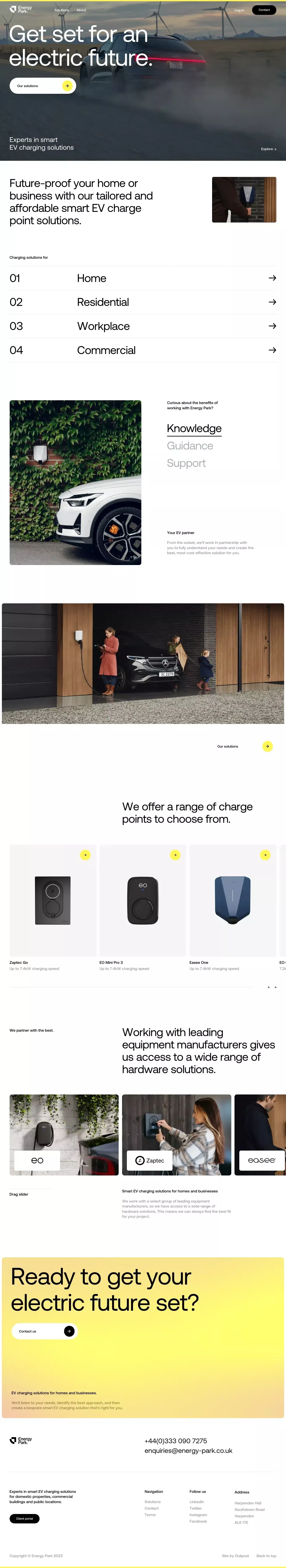Energy Park EV charging solutions landing page screenshot showcasing Travel and Tech design