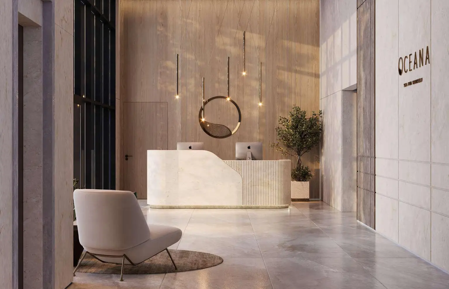 Modern office building lobby featuring sleek design and contemporary furnishings, labeled as Oceana.