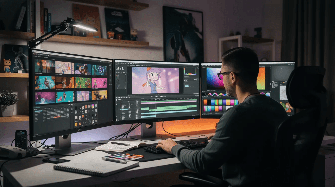 Un professionnel créatif travaille à un bureau, entouré de plusieurs écrans affichant des cadres d'animation colorés et des logiciels de design. Cette scène illustre le domaine du motion design, où la création d'animations et la direction artistique sont au cœur du processus de développement de contenus visuels pour l'e-learning et les réseaux sociaux.