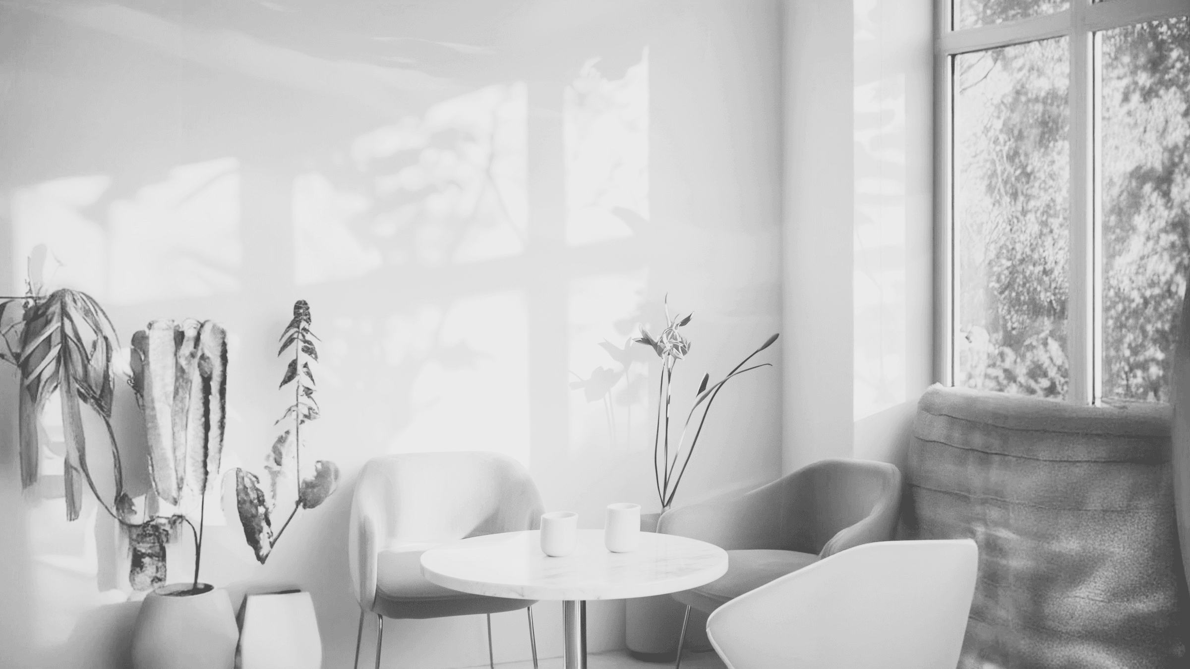 A black and white photo of a cozy, sunlit interior featuring pink walls, a small table, a chair, and large windows with a warm glow.