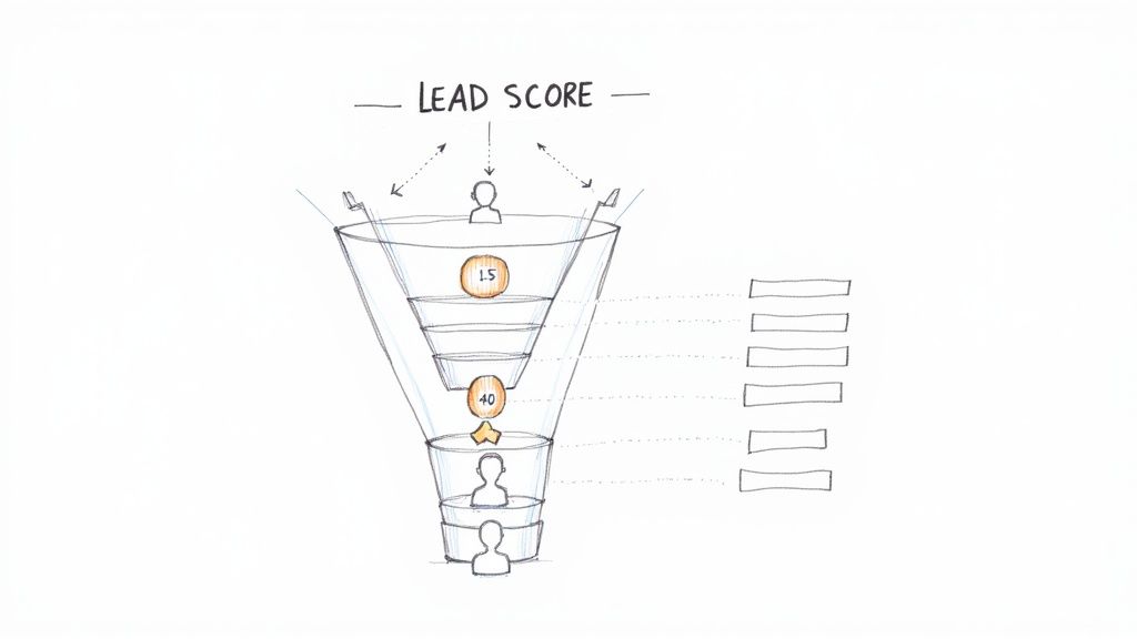 Diagram illustrating a lead scoring funnel with leads progressing through stages, showing scores 1.5 and 40.