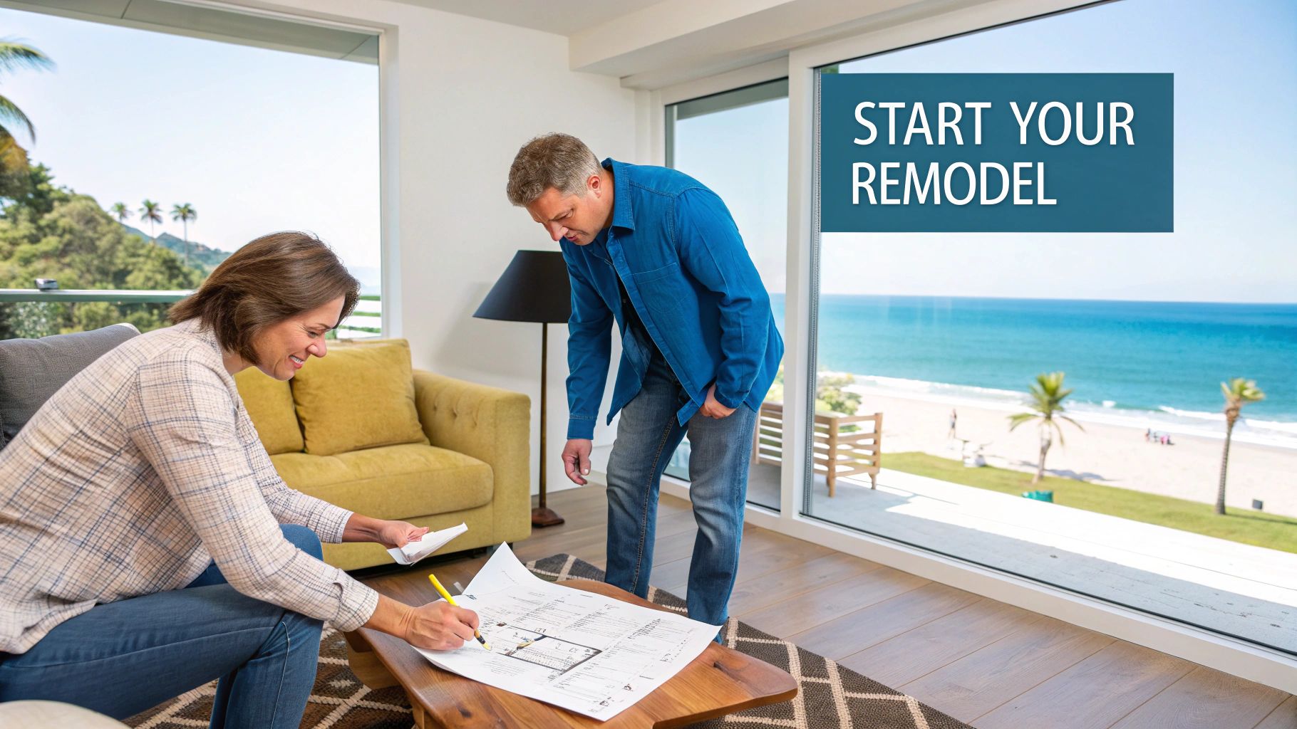 Smiling couple planning a home remodel, reviewing blueprints in a bright room with an ocean view.