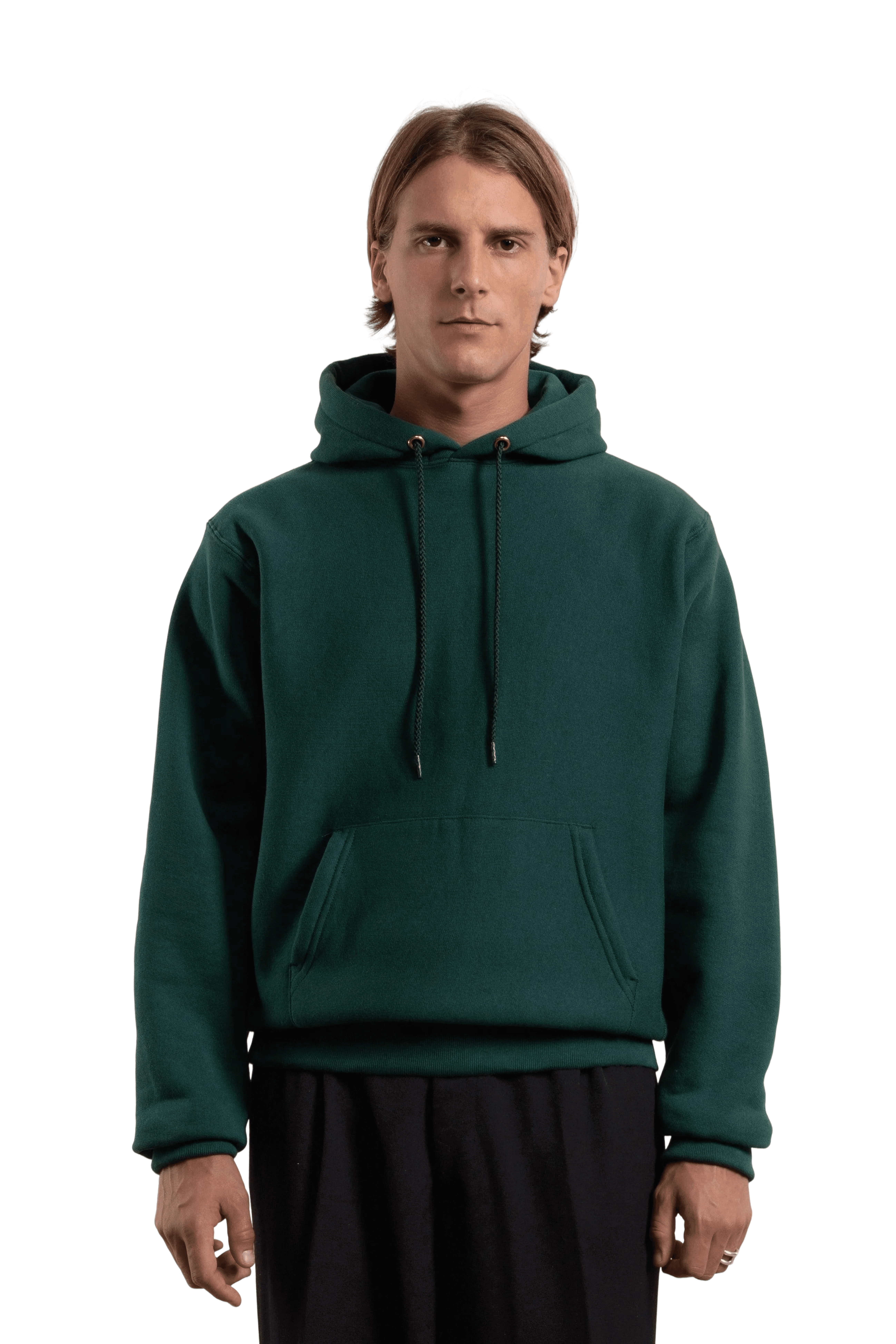 above the belly close up shot of a model wearing a green hoodie