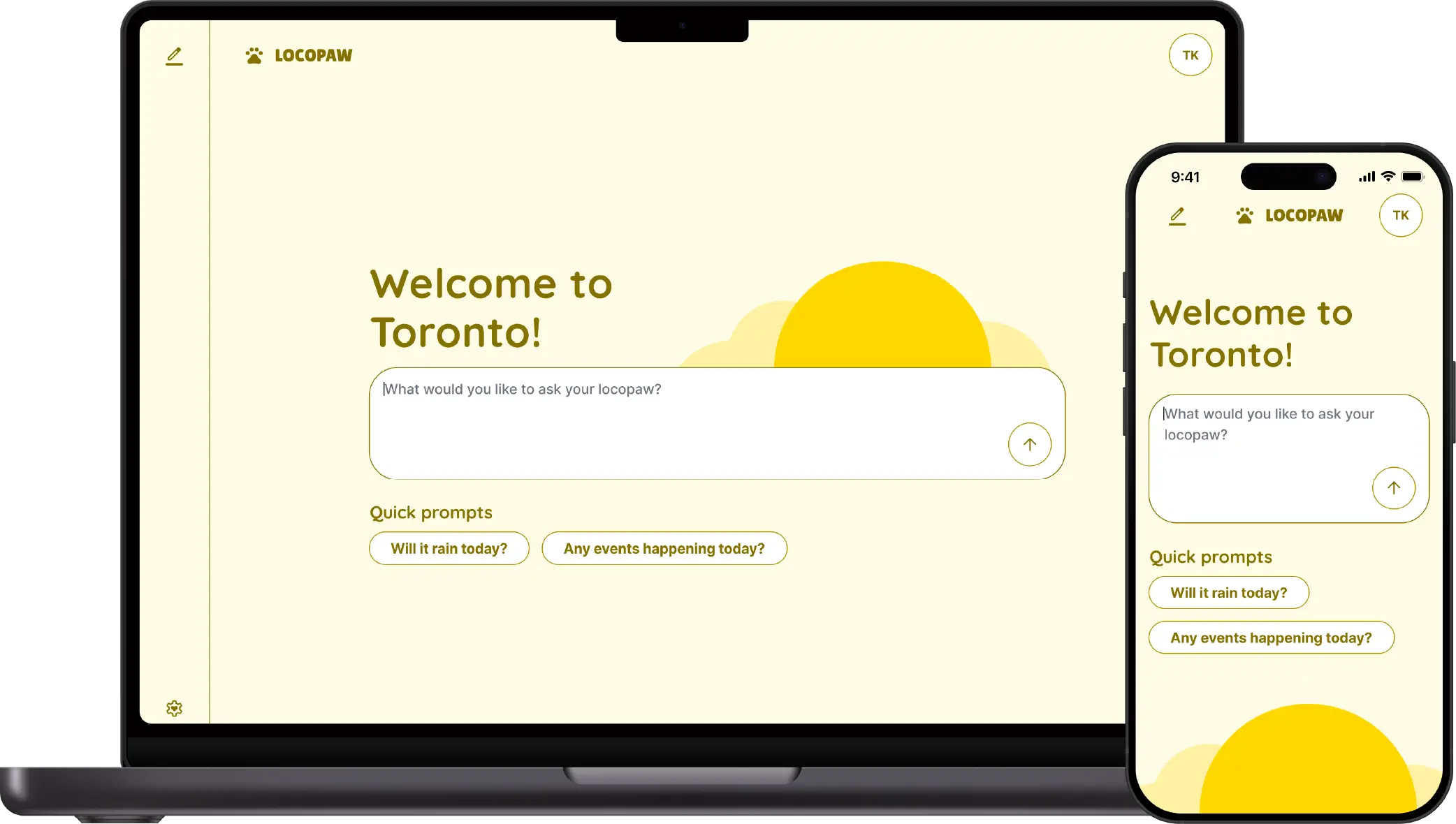 Locopaw homepage in Sunny theme with bright yellow sun illustration.