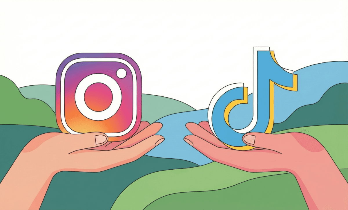 Instagram logo and TikTok logo held in hands to compare platforms for creators.