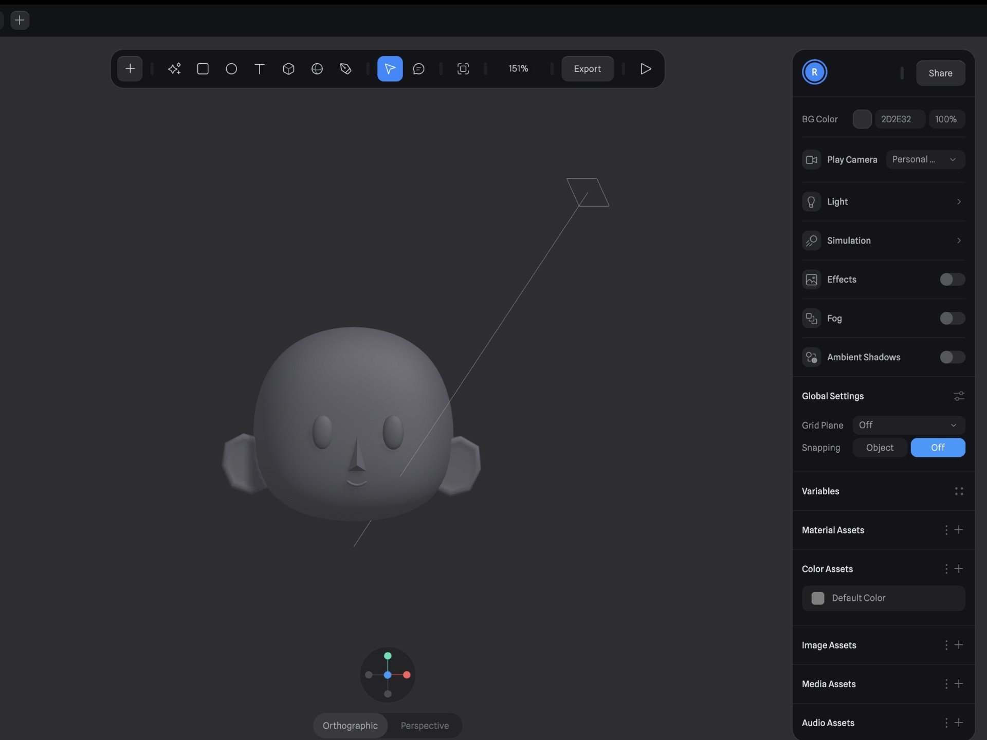 Screenshot of Spline interface with the beginning of a sculpted head 