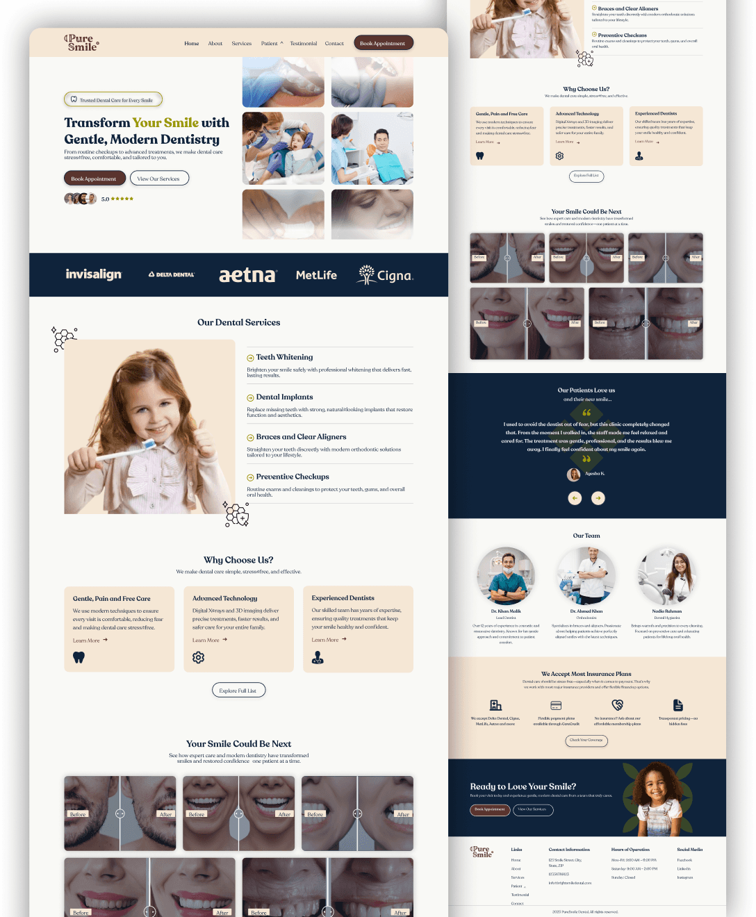 This is a dental practice website homepage featuring a smiling dental hygienist, patient testimonials with smiling patients, before and after photos of dental procedures, a section detailing dental services, and logos of major insurance providers like Invisalign, Aetna, MetLife, and Cigna for easy identification.